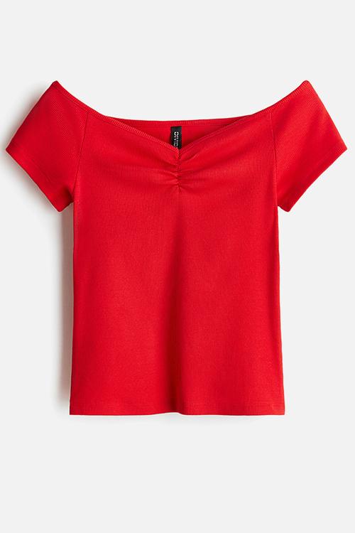 Ribbed boat-neck top - red