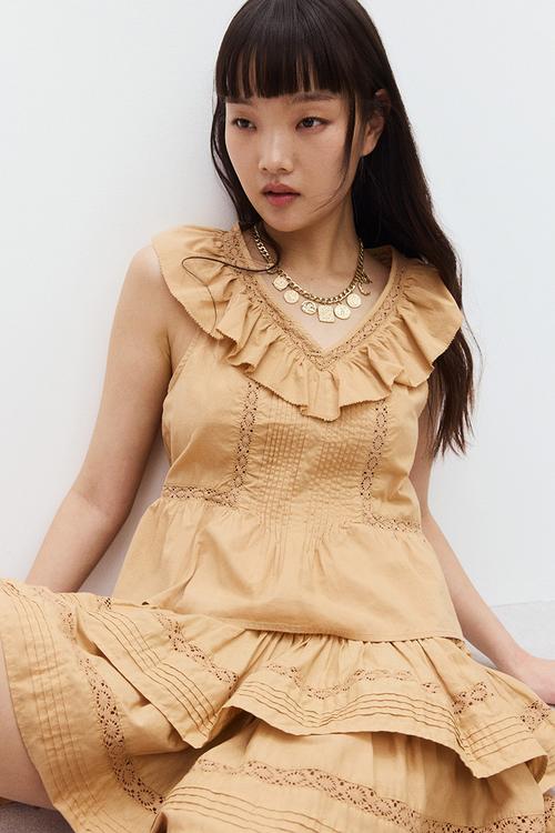 Frill-trimmed cotton vest top - beige