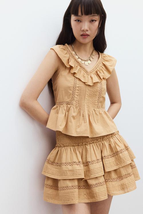 Frill-trimmed cotton vest top - beige