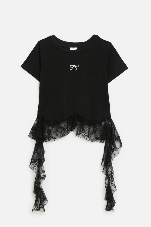Cascade lace frill tee with mini bow graphic - black