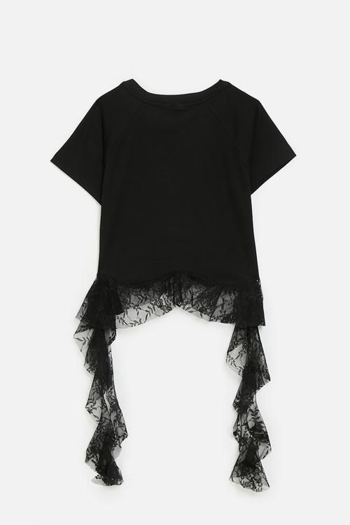 Cascade lace frill tee with mini bow graphic - black