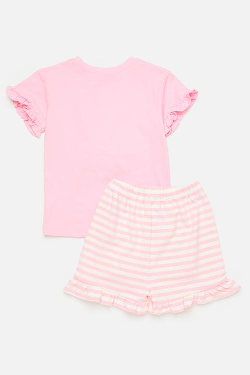 Top with padded bunny applique & striped shorts - pink