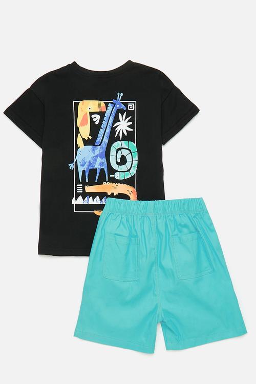 Graphic print tee & shorts set - black/animals/aqua