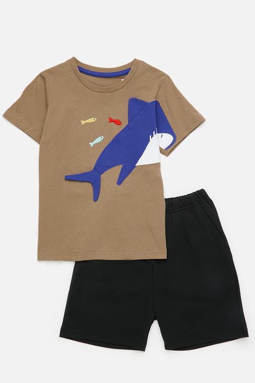 Embroidered fish tee with 3D shark tail - brown/black