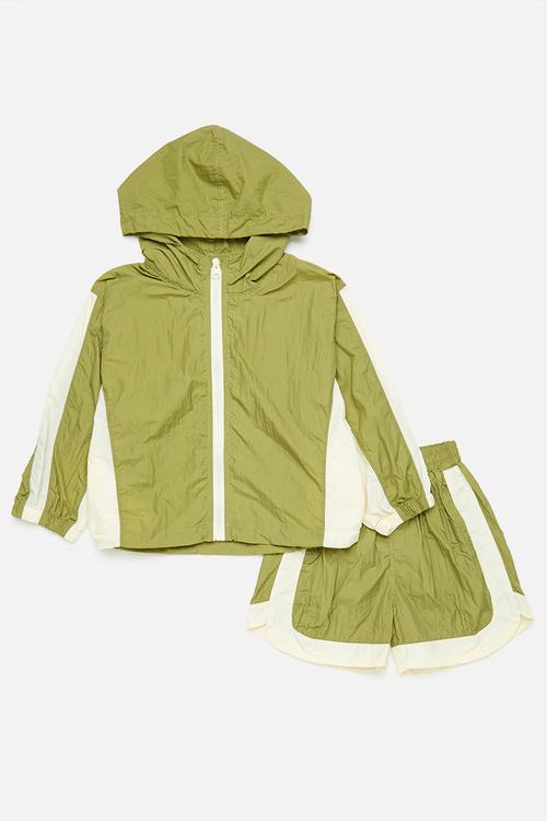 Hooded windreaker & short set-green & white