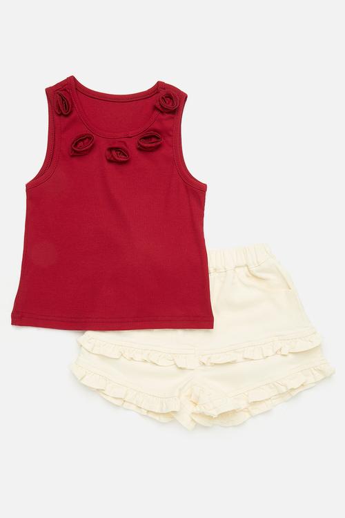 Rose embellished neck top with frilled tier shorts - rich red/white