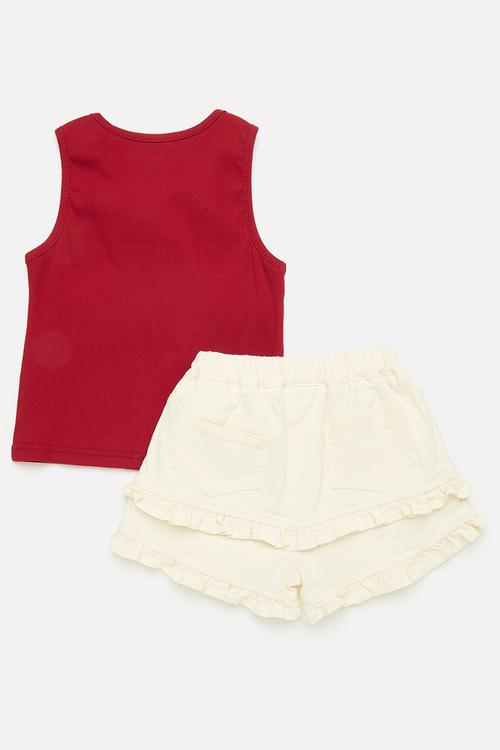 Rose embellished neck top with frilled tier shorts - rich red/white