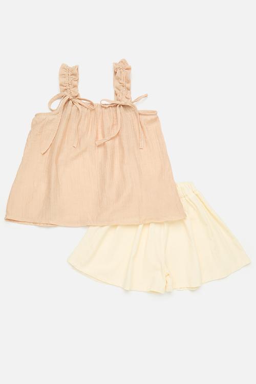 Drawstring shoulder top with flared shorts - peach puff/vanilla