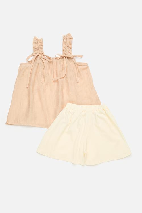 Drawstring shoulder top with flared shorts - peach puff/vanilla