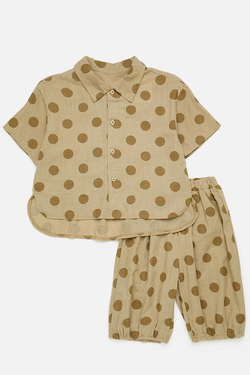 Dolphin hem shirt & shorts set - brown/polka dots