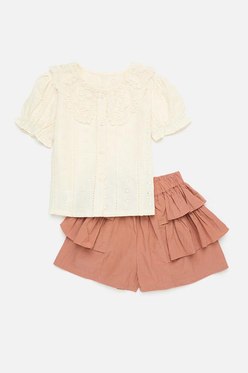 Lace collar top with hip ruffle shorts - ecru/rust