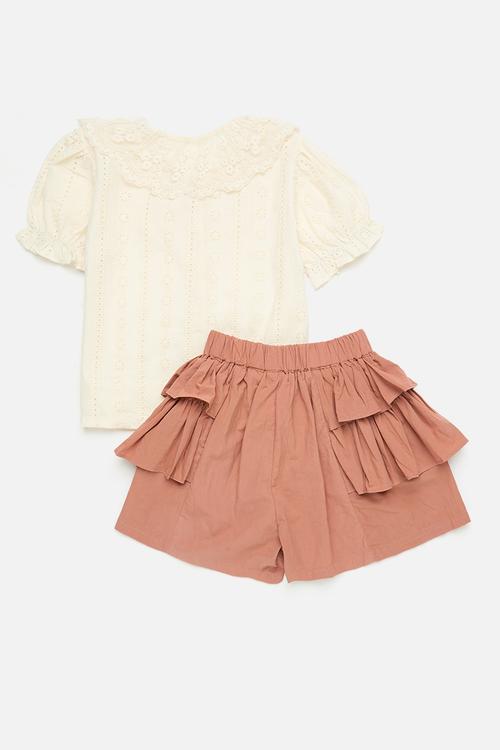 Lace collar top with hip ruffle shorts - ecru/rust