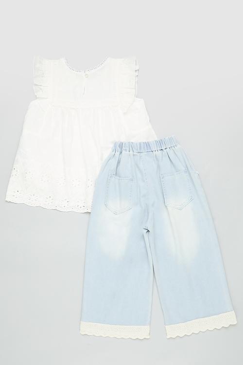 Broderie anglaise top & jeans with lace trim - white/light wash denim