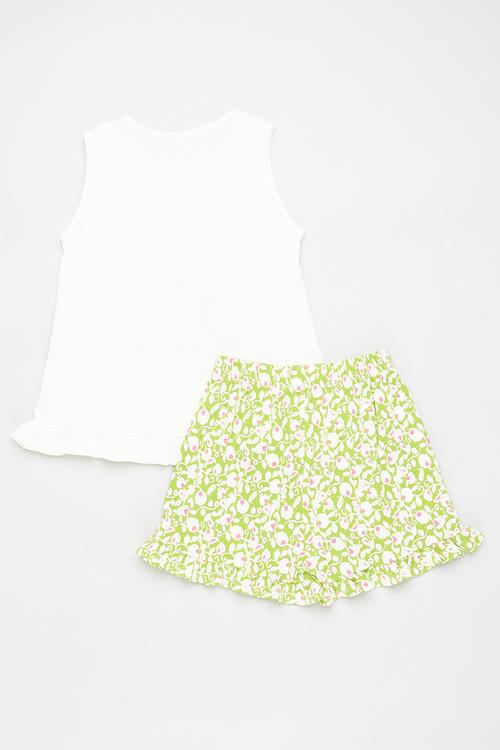 Placement print frilled hem tee & shorts - white/green/floral