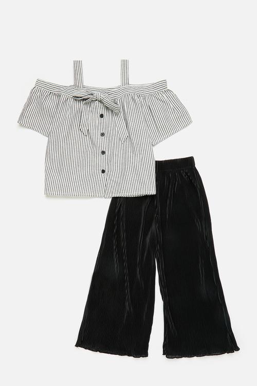 Off-the-shoulder top & pants with accordion pleats - stripes/black