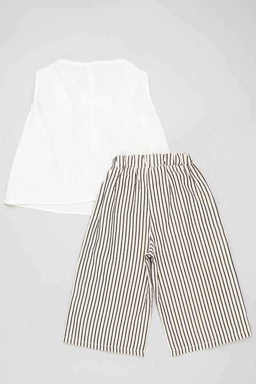 Elasticated front neck top with wide leg pants - white/stripes