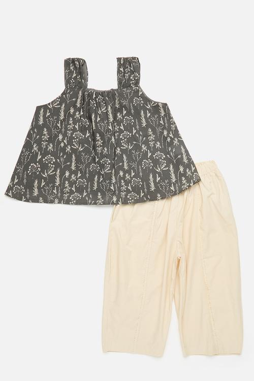 Floral printed tent top with barrel leg pants - dark grey/eggshell