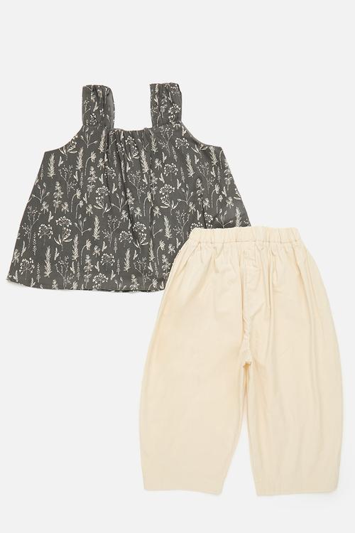 Floral printed tent top with barrel leg pants - dark grey/eggshell