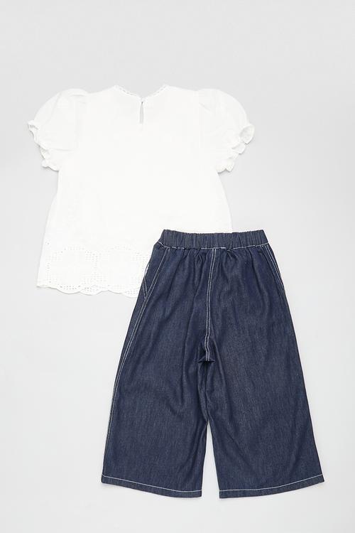 Embroidered lace trim top with flared jeans - white/dark navy