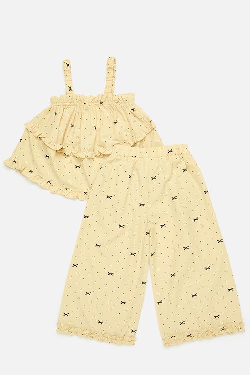 Ruffle hem top & pants - lemon chiffon/bow/micro dot aop
