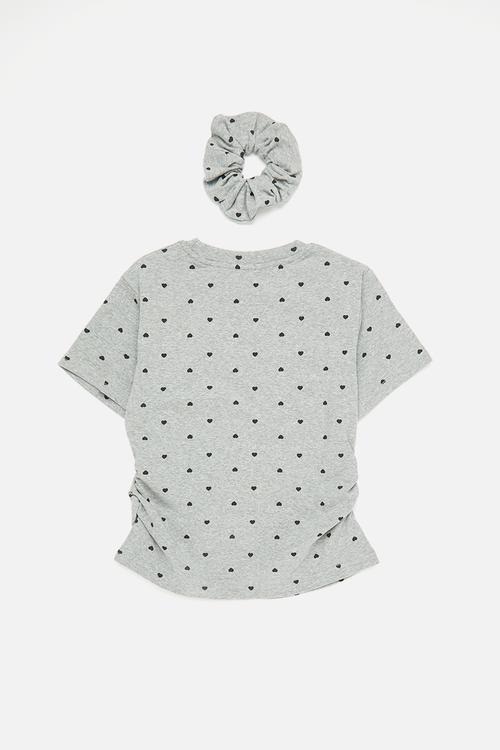 Tee with side ruching & scrunchie - grey/black hearts