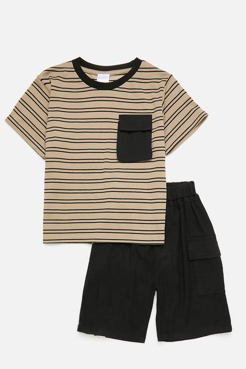 Striped tee with contrast rib & shorts - beige/black