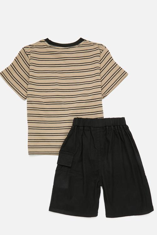 Striped tee with contrast rib & shorts - beige/black