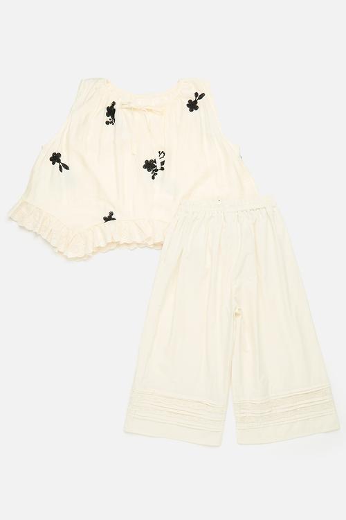 Gathered handkerchief hem top & pants with lace inset - ecru/black