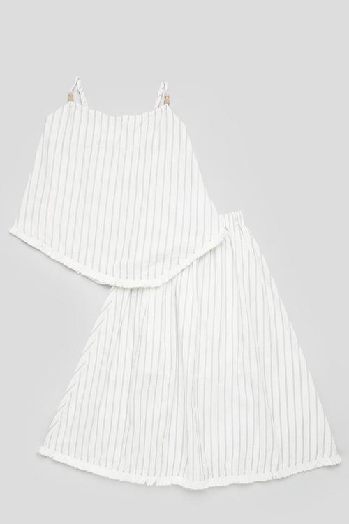 Spaghetti strap top with wooden beads & skirt - white/stripes