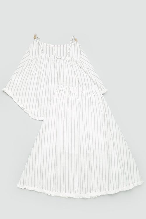 Spaghetti strap top with wooden beads & skirt - white/stripes
