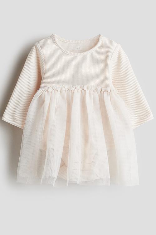 Tulle-skirt bodysuit dress - light beige 