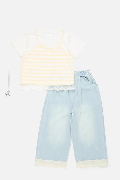 Vest & lace trim tee with wide leg jeans - white/yellow/light blue