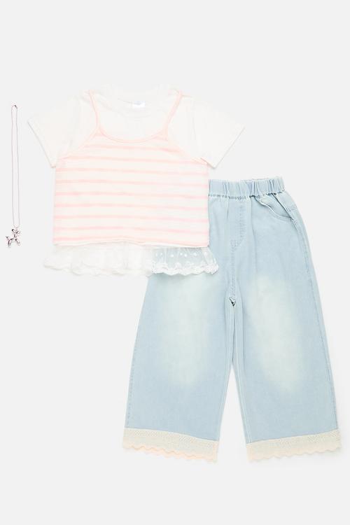 Vest & lace trim tee with wide leg jeans - white/pink/light blue