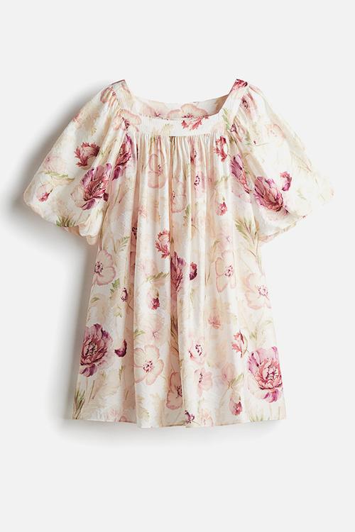 Balloon-sleeved tunic dress - cream & pink floral 