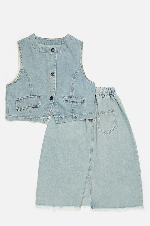 Light wash denim vest with asymmetrical pockets & skirt - blue