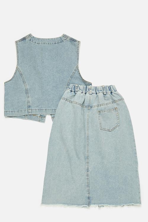 Light wash denim vest with asymmetrical pockets & skirt - blue