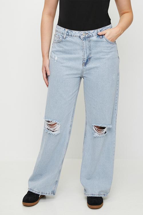 Plus size blue high waist destroyed wide leg  jeans - ice blue