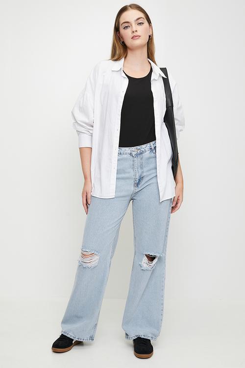 Plus size blue high waist destroyed wide leg  jeans - ice blue