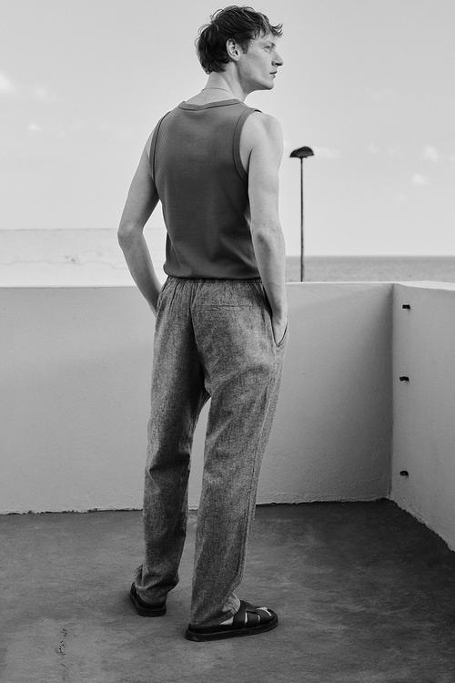 Regular fit linen-blend trousers - dark beige