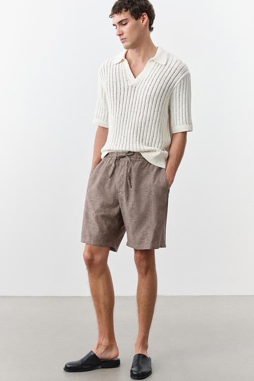 Regular fit linen-blend shorts - dark beige