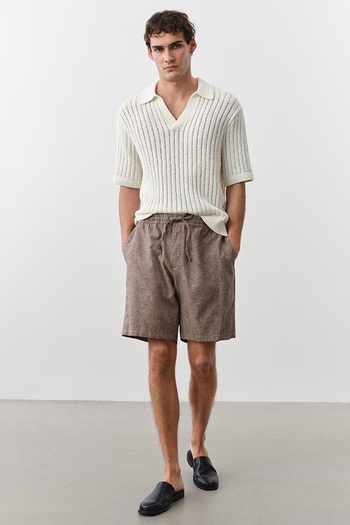Regular fit linen-blend shorts - dark beige