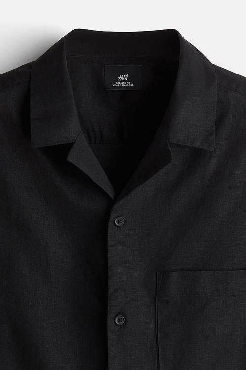Regular fit short-sleeved linen-blend shirt - black