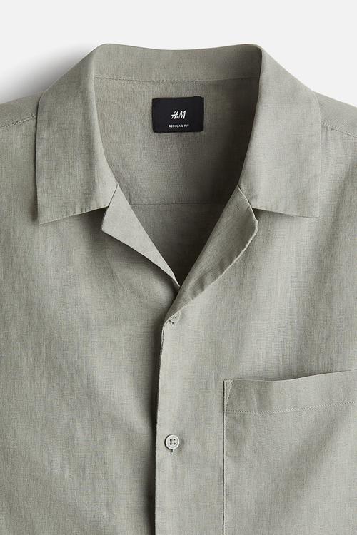 Regular fit short-sleeved linen-blend shirt - sage green