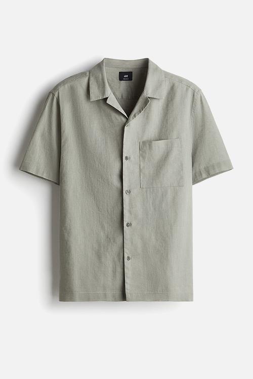 Regular fit short-sleeved linen-blend shirt - sage green
