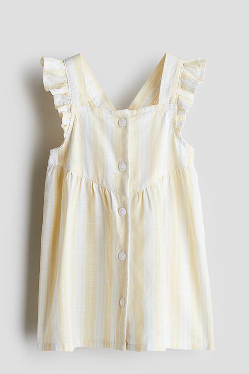 Flounce-trimmed cotton dress - yellow/striped 
