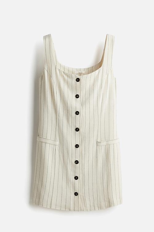 Sleeveless linen-blend dress - light beige pinstriped