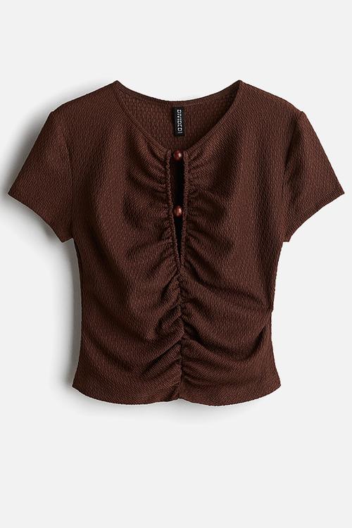 Bead-detail ruched top - dark brown