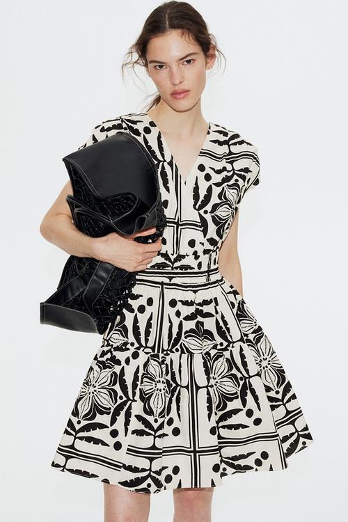 Cotton dress - cream & black patterned