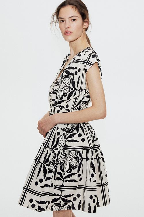 Cotton dress - cream & black patterned
