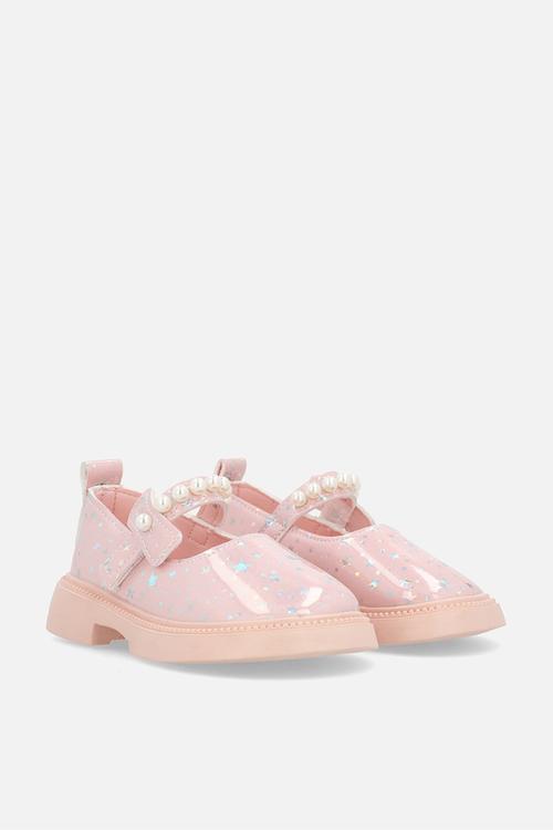 Mary Janes with pearl studded strap - pink/stars multi
